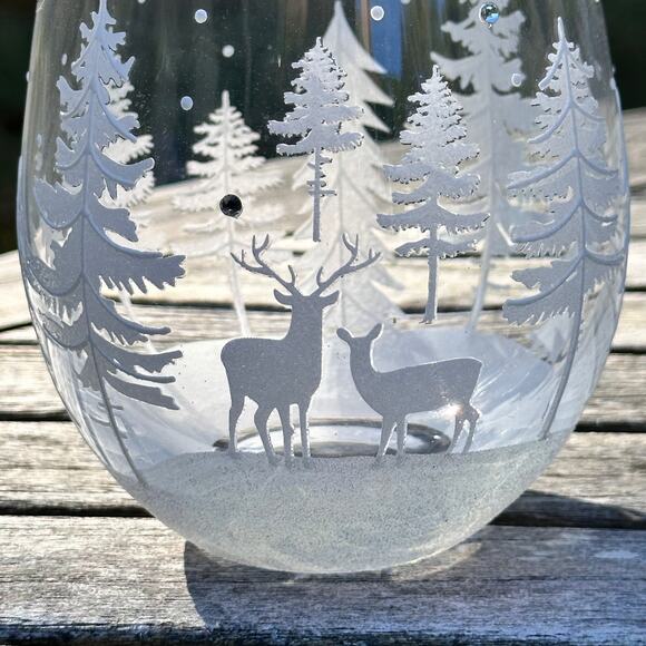 Christmas Tree & Reindeer Stemless Wine Glass 5” Frosted Winter Forest NEW - Picture 6 of 11